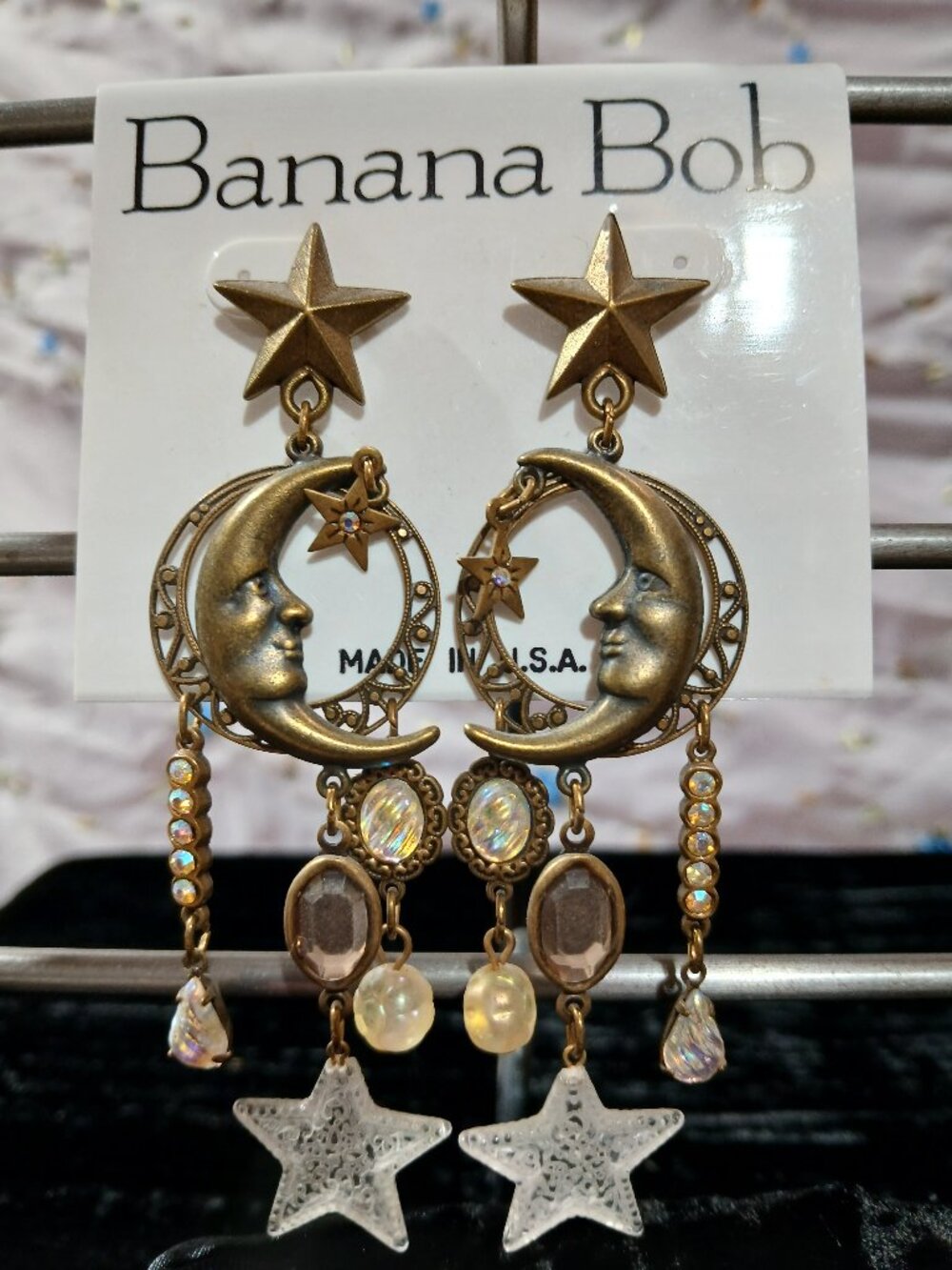 Vintage Banana Bob Moon & Stars gold pierced earrings w/crystal dangles & stars